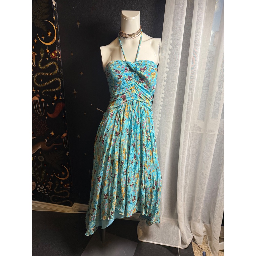 A.L.C. Silk Halter Midi Dress Blue Floral Bird Print Ruched Asymmetrical Hem 6